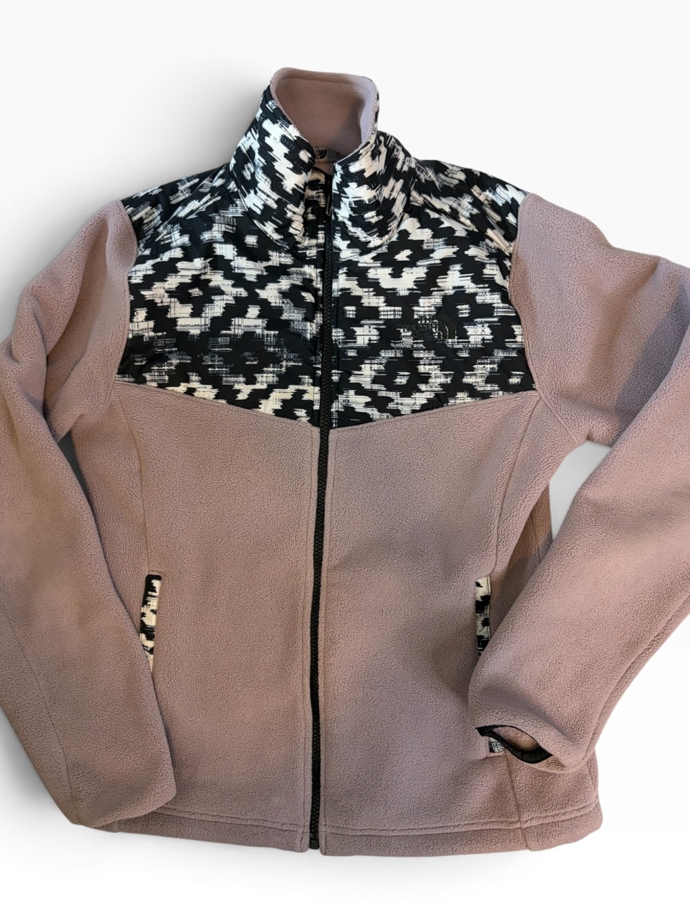 The North Face Women’s XS Mauve Fleece Jacket Black White Print Full Zip